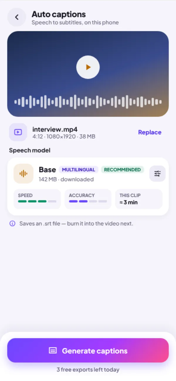 VidiTool app: generating captions from a video on the phone