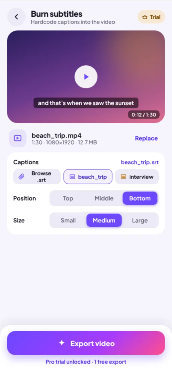 Burning subtitles into a video in the VidiTool app