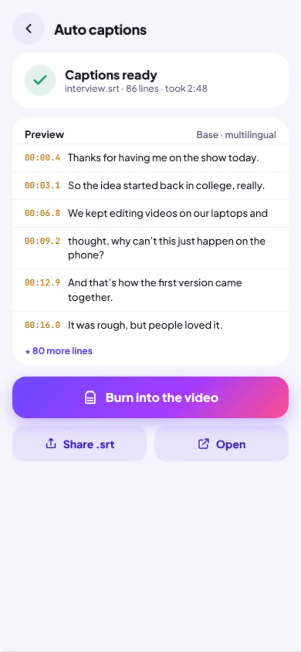 VidiTool app: captions ready with a timed preview