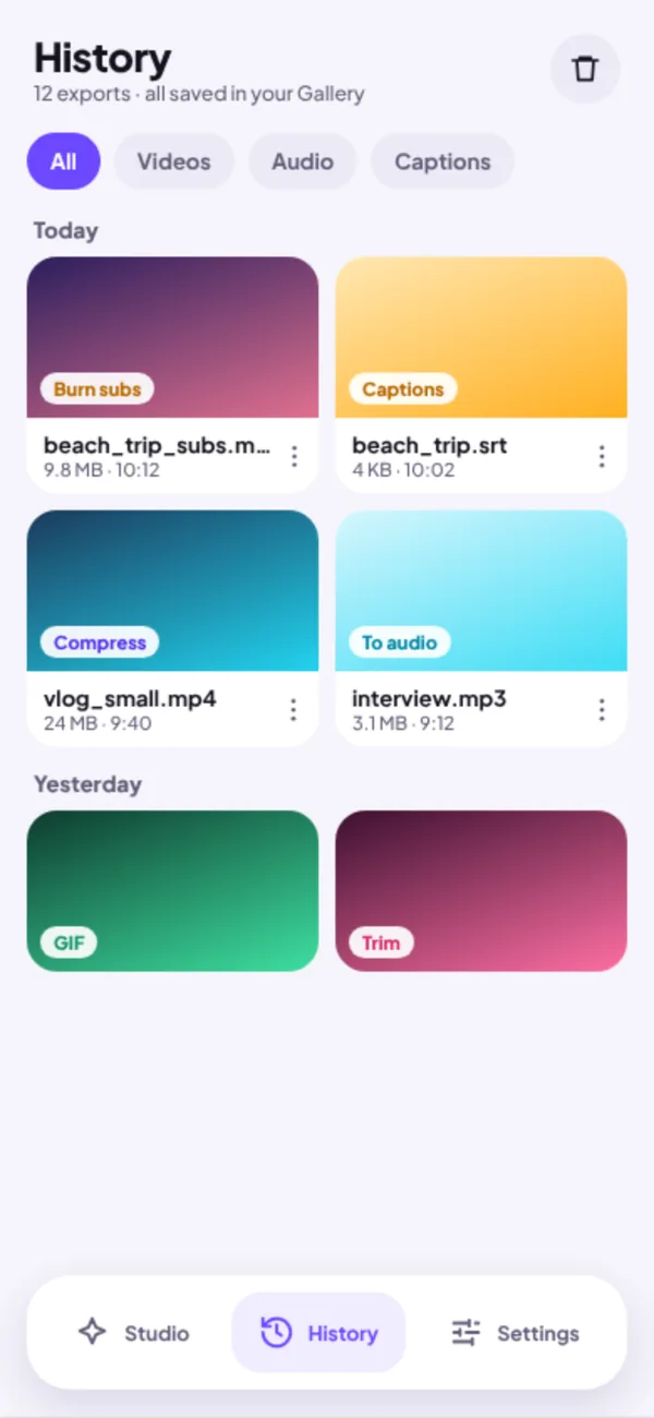 VidiTool app history of exports