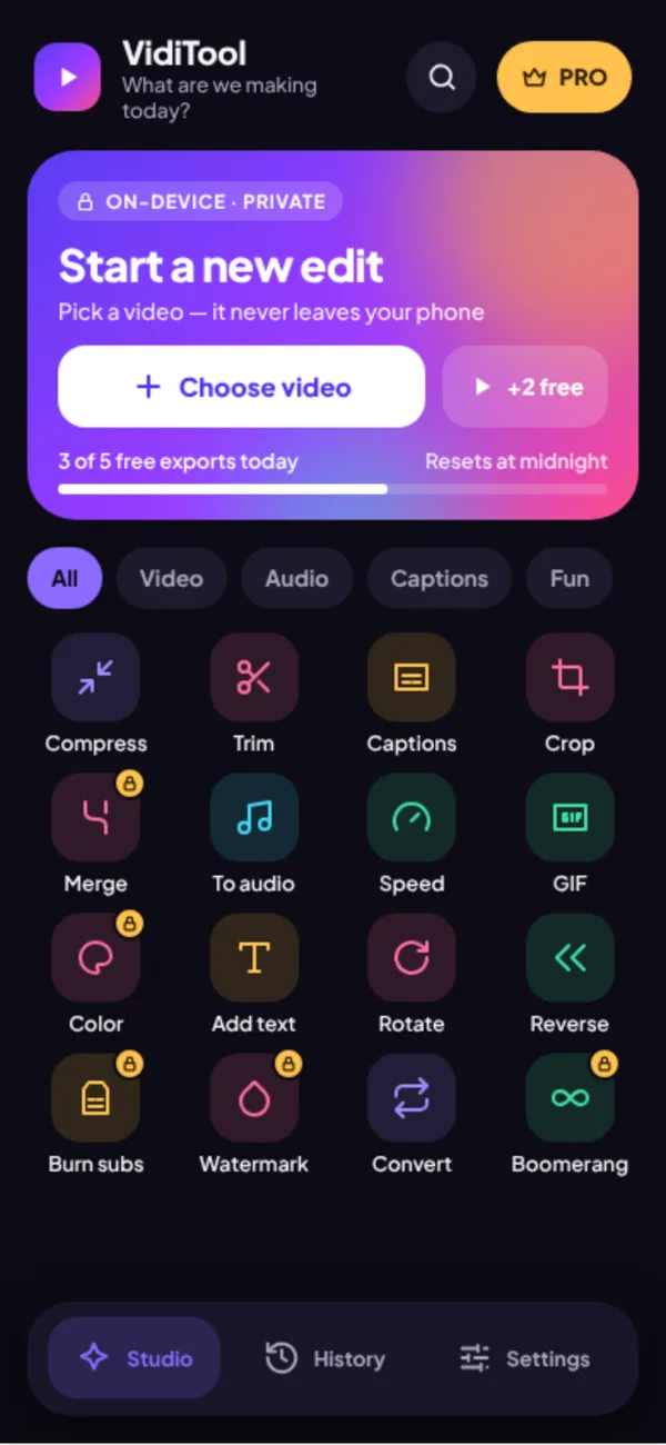 VidiTool app home screen in dark mode