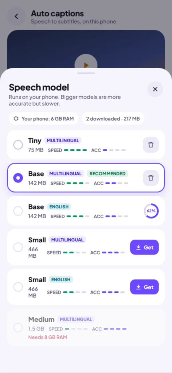 Choosing a speech model size in the VidiTool app
